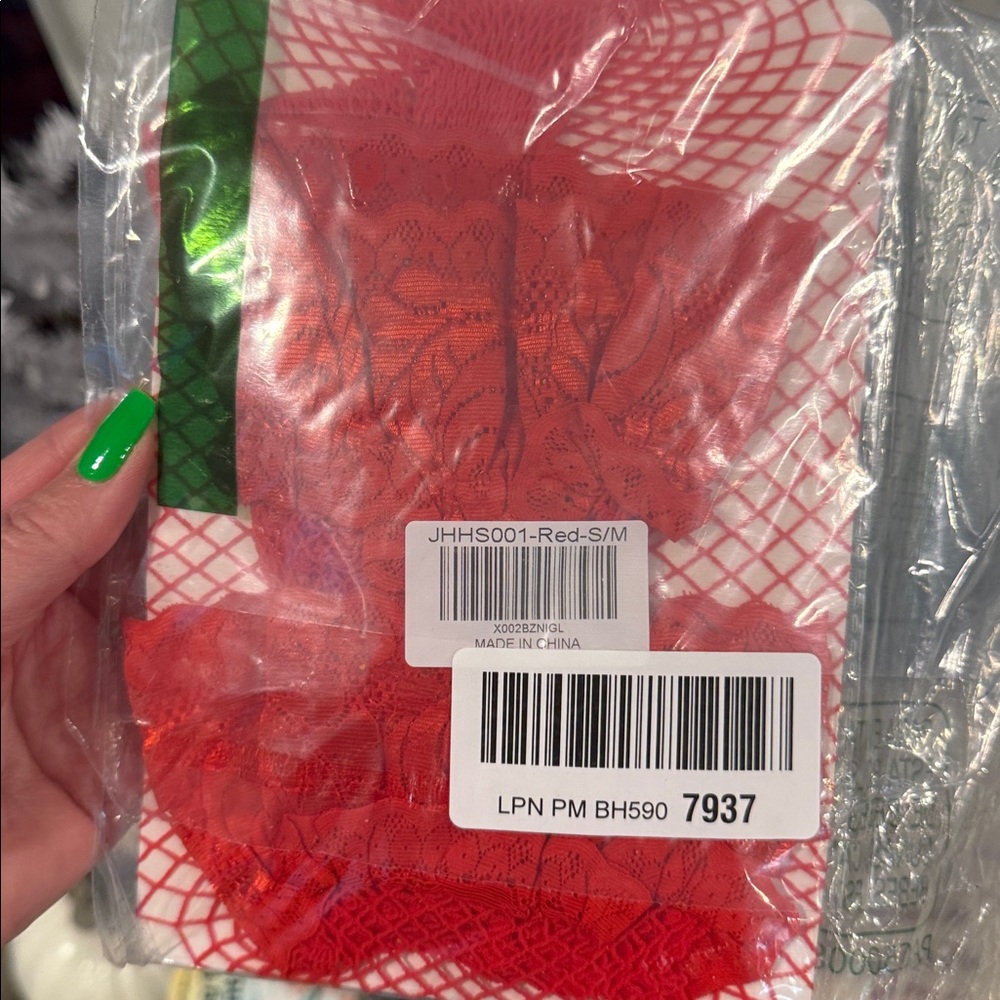 Red fish net thigh highs